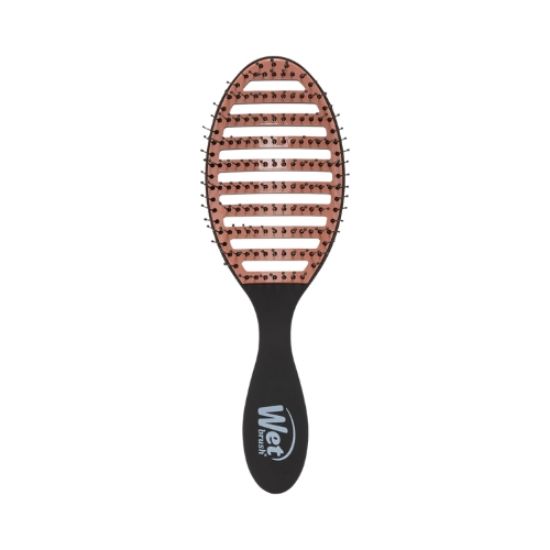 صورة فرشاة سيراميك لفك تشابك الشعر بسرعة فائقة، مزودة بشعيرات مقاومة للحرارة بتقنية هيتفليكس وتصميم بفتحات تهوية لتجفيف الشعر بشكل أسرع، مناسبة لجميع أنواع الشعر، لون أسود