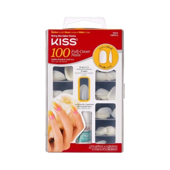 صورة أظافر KISS بيضاوية الشكل متوسطة الحجم قابلة للضغط مع غراء، شفافة، 100 قطعة